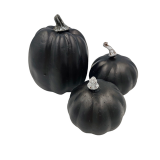 Three black decorative pumpkins with silver stems on a white background