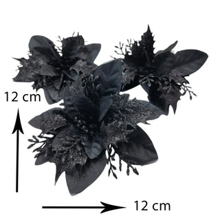 Black floral arrangement with measurement labels on a white background