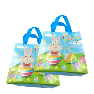 Two Easter-themed shopping bags with cartoon bunnies and colorful eggs on a white background.