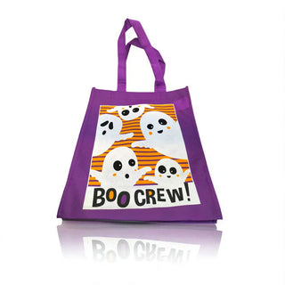 Purple tote bag with Halloween-themed design featuring ghosts and 'BOO CREW!' text on a white background.