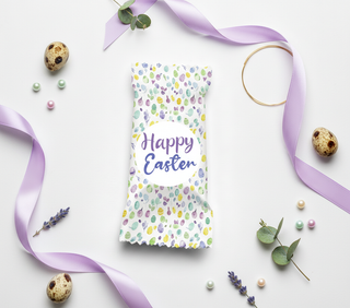 Easter-themed egg with 'Happy Easter' text, surrounded by decorative elements on a white background.