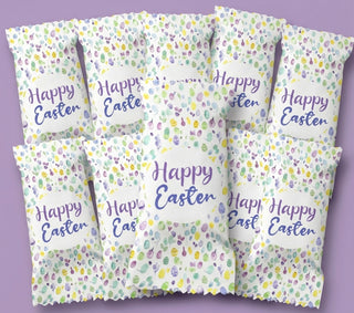 Packaged snacks with 'Happy Easter' text on a purple background