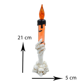 Halloween decorative candle with skeleton hand holding it, measurements indicated.