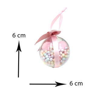 Clear Christmas ball ornament with pastel beads and pink ribbon, labeled '6 cm' on a white background.