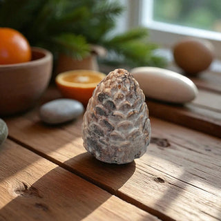Decorative stone sculpture on a wooden surface with fruits and plants in the background