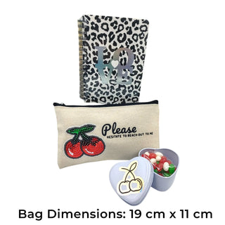 Leopard print pouch, beige pouch with cherry design, and small heart-shaped box on a white background