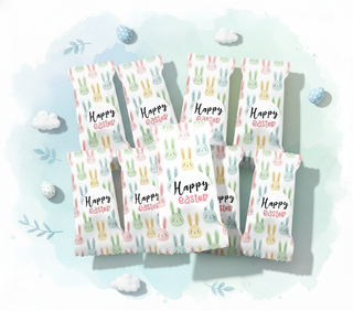 Three packages with 'Happy Easter' text and bunny patterns on a light blue background.