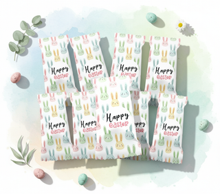 Set of three Easter-themed eggs with bunny patterns and 'Happy Easter' text on a light background.