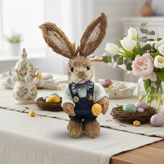 Decorative Easter bunny with straw ears on a table with Easter eggs and flowers.