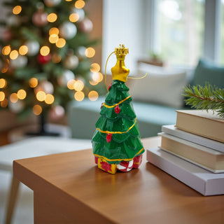 Decorative Christmas tree-shaped bottle on a table with a blurred Christmas tree in the background