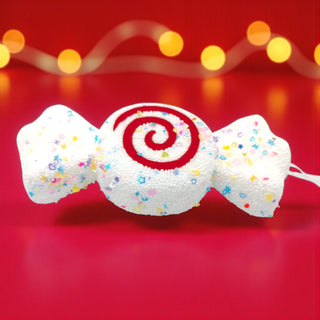 Candyland Christmas ornament in white with rainbow sprinkles, lightweight foam bauble for festive holiday tree decorating. Pastel whimsical Christmas décor ideas.