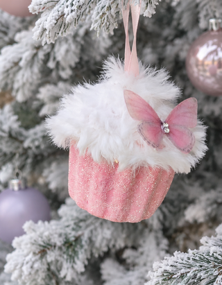 Pink Cupcake Christmas Ornaments with Butterflies – Set of 5