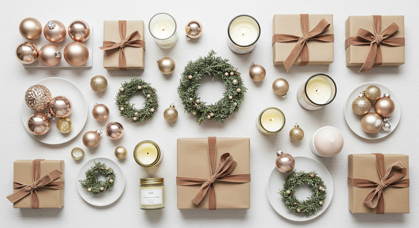 Curated Christmas ornaments, wreaths, candles and gift boxes flat lay, The Holiday Shop South Africa