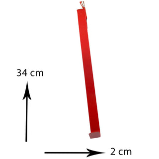 Red cylindrical object with measurements on a white background