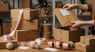 Stack of brown cardboard boxes with ribbons and decorative items on a table.