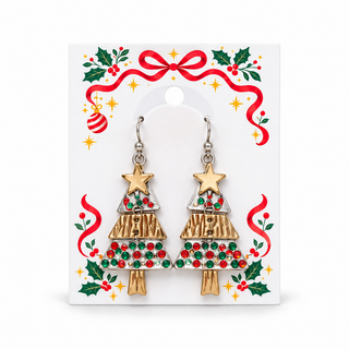 Christmas tree drop earrings on festive display card
