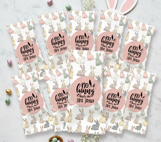 Packaged snacks with Easter-themed design and text on a light gray background