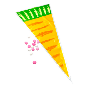 Carrot-shaped candy bag with pink and white candies on a white background