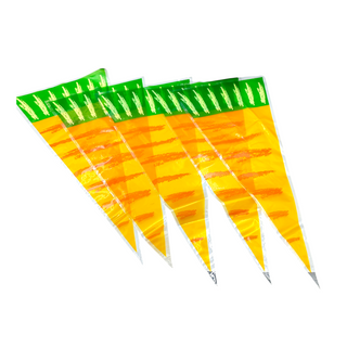 Set of carrot-shaped pencils with green tops on a white background
