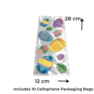 Pack of 10 cellophane packaging bags with Easter egg designs, showing dimensions and quantity.