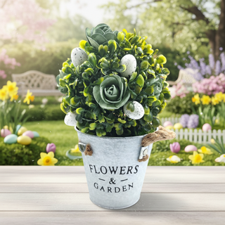 Decorative topiary in a pot labeled 'Flowers & Garden' with a garden background.