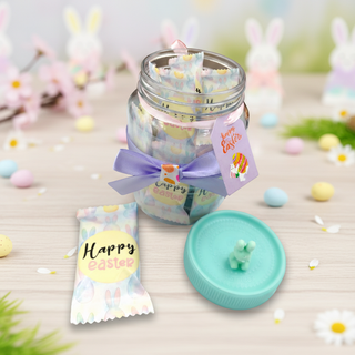 Decorative Easter jar with pastel colors and 'Happy Easter' tags on a light background.