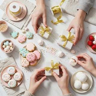 Hands arranging small gift boxes with gold ribbons on a table with pastries and candies.