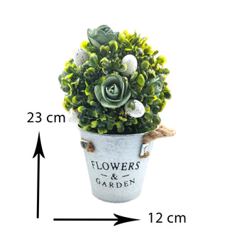 Artificial topiary plant in a pot with dimensions labeled on a white background