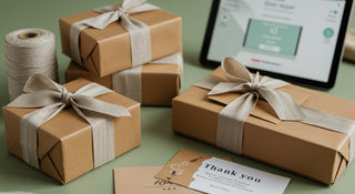 Gift boxes wrapped in brown paper with ribbons on a green surface, next to a smartphone displaying a website.