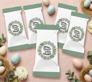 Packets with Easter-themed designs and text on a pink background with eggs and flowers.
