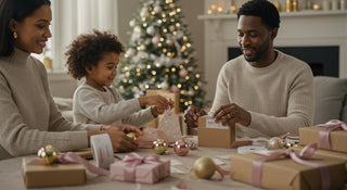 Family of three at a Christmas table with presents and decorations.