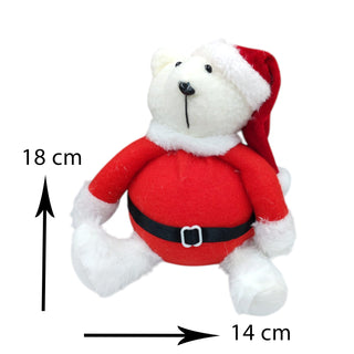Small teddy bear dressed as Santa Claus with measurements on a white background