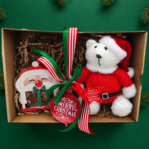 Polar bear Christmas gift box with Santa plush, cookies and ornament on an emerald green background