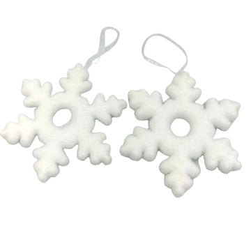 Fluffy Snowflakes- White Hanging Christmas Ornaments – two white snowflake ornaments on a gray background (1)
