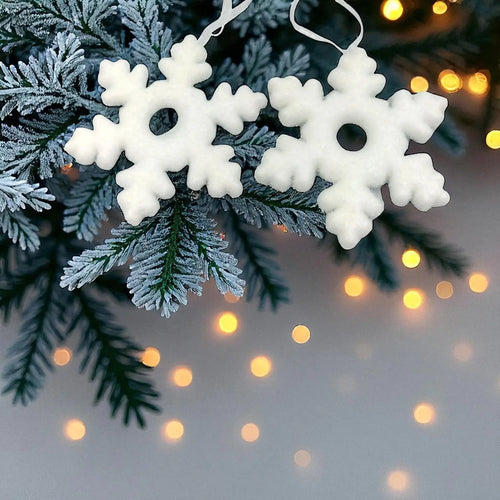 Fluffy Snowflakes- White Hanging Christmas Ornaments – two white snowflake ornaments on a gray background (2)