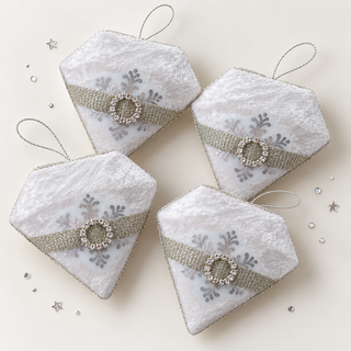 Set of 4 white velvet diamond Christmas baubles with silver snowflakes and rhinestone buckles