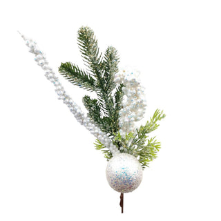 Decorative Christmas arrangement with greenery and a silver ball on a white background. Winter Wonderland Aesthetic