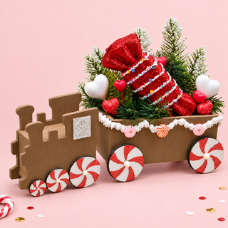 Peppermint Express Train Centerpiece close-up on a blush pink backdrop