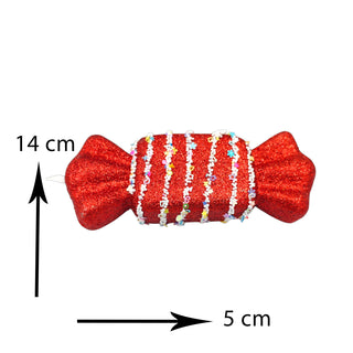 Whimsical Candyland Christmas styling featuring a white nougat candy bauble, warm lights, and playful festive decorations. with dimensions