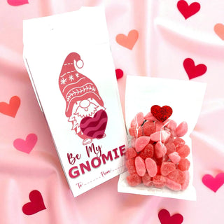 Valentine's Day-themed product with a gnome design and heart-shaped items on a pink background with hearts.