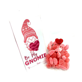 Packaged gummy bears with a 'Be My Gnome' label on a white background
