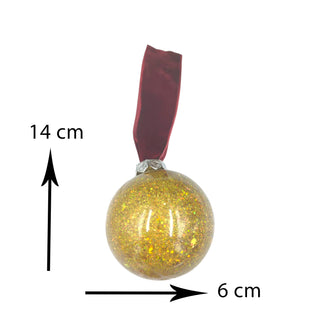 Gold glittery Christmas ball ornament with a red ribbon, showing measurements on a white background.