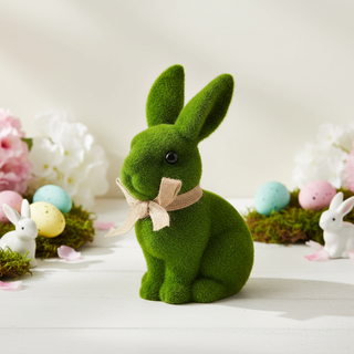 Green moss rabbit with a bow tie on a decorative Easter setting with eggs and flowers.