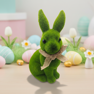Green moss rabbit with a bow tie on a decorative Easter setting with eggs and flowers.
