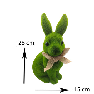 Green moss rabbit decoration with a brown bow, shown with measurements on a white background.