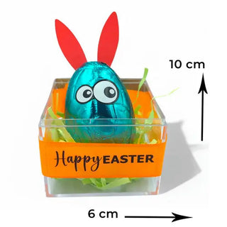 teal foil egg with bunny ears and eyes and the words happy easter