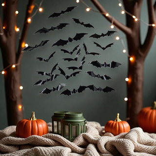 Halloween-themed decor with bats, pumpkins, and lanterns on a blanket.