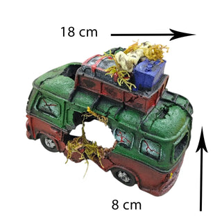 Model of a vintage bus with decorative elements on a white background, showing dimensions.