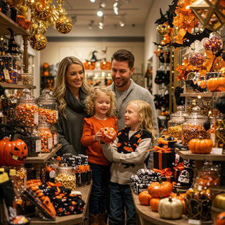 Family shopping for Halloween decorations in a store with pumpkins and candy.