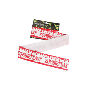 creepy and bloody tape with the words ZOMBIEFEAST written and a black bag with green skull faces